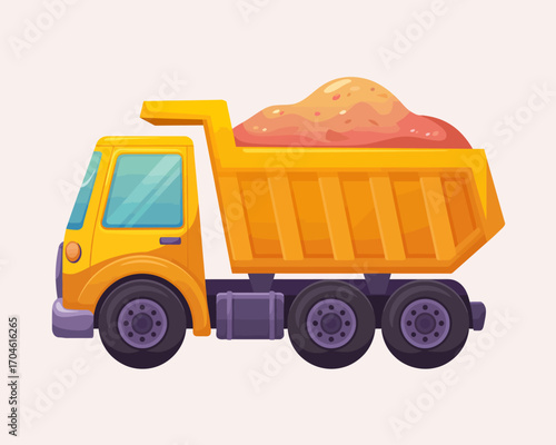 A bright and playful depiction of a yellow dump truck full of earth, representing construction machinery's essential role in building projects and infrastructure development.