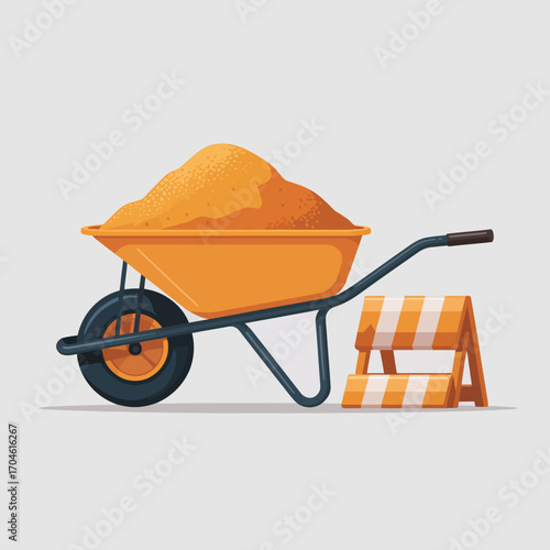 This vibrant orange wheelbarrow filled with sand is paired with a safety barrier, ideal for construction or landscaping projects, showcasing essential tools for outdoor work.