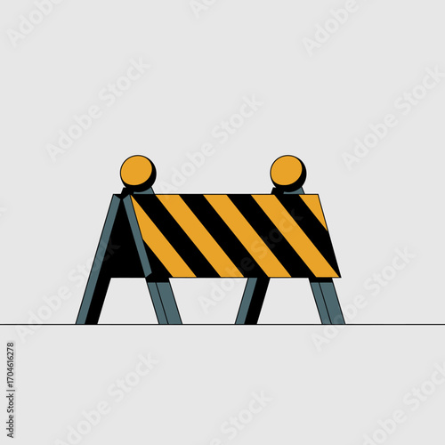 This minimalistic construction barrier showcases the iconic yellow and black colors along with vivid orange lights, effectively warning individuals about the work zone ahead.