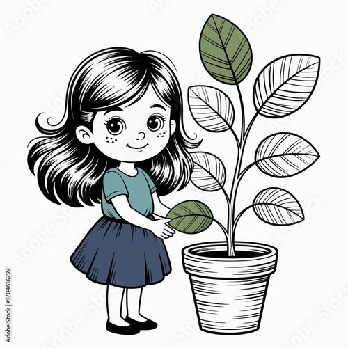 A delighted girl stands beside a potted plant, gently touching its leaves and emphasizing her connection to nature and the emotional bond developed through nurturing.