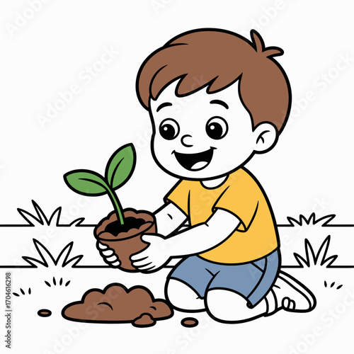 An enthusiastic child is kneeling in the grass, eagerly planting a small green plant from a pot, emphasizing the joy of gardening and connecting with nature in a beautiful setting.