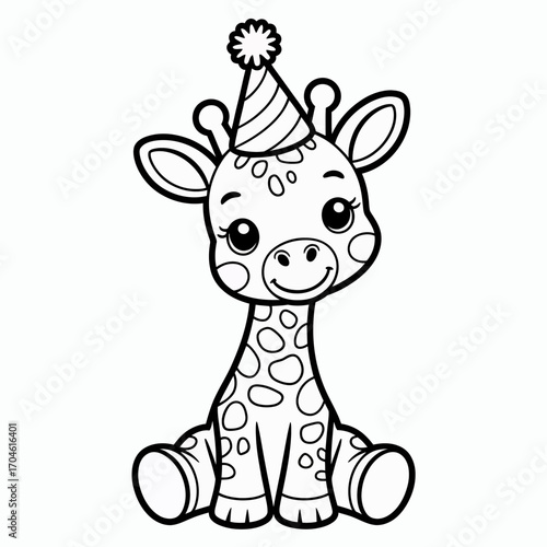 A delightful line art illustration of a giraffe wearing a party hat, ideal for coloring and sparking creativity, making it suitable for young artists and children's activities.