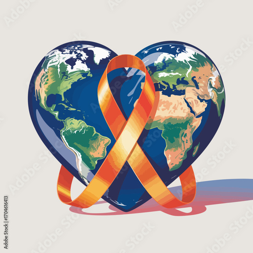 This artistic image portrays a heart-shaped Earth intertwined with an orange ribbon, representing love for our planet and a commitment to global awareness and health.