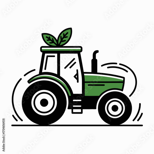 This vibrant image features a green tractor adorned with leaves, symbolizing sustainability and innovation in modern agriculture practices and environmentally friendly farming techniques.
