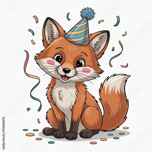 A lively fox character celebrating its birthday with falling confetti and colorful decorations, creating a joyful atmosphere filled with excitement and fun.