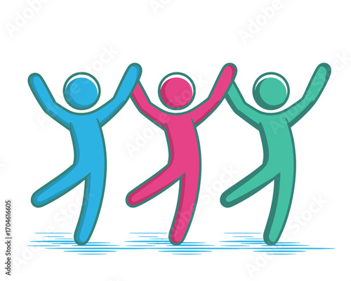 Three abstract figures, colored in blue, pink, and green, dance joyfully, embodying themes of unity, happiness, and friendship through simplistic and expressive design.