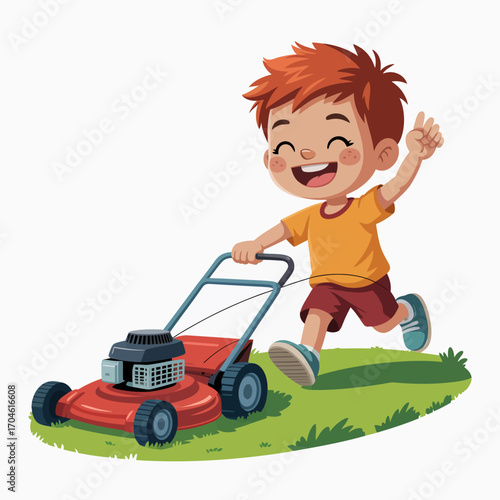 A cheerful boy enthusiastically pushes a lawn mower across a green grassy area, embodying the joy of childhood and the outdoor experience during a sunny day.