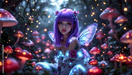 Enchanted Fairy in Glowing Mushroom Forest