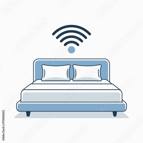 This image showcases a stylish bed with a WiFi symbol above it, representing the blend of comfort and modern technology in home living and sleep solutions.
