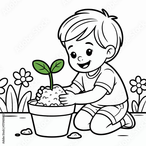 A smiling child is adding soil to a pot where a small plant is growing, illustrating the excitement of nurturing plants and the beauty of engaging with nature in a colorful setting.