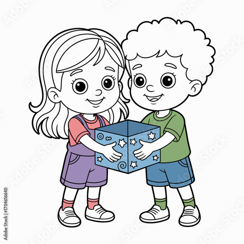 A girl and a boy are cheerfully embracing each other while holding a special gift box, illustrating the joy of friendship and shared experiences in a lively setting.
