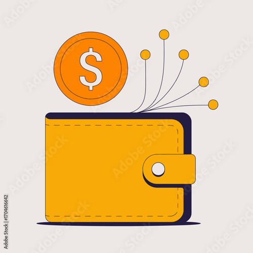 The image shows a dynamic representation of a wallet with money flowing out, illustrating concepts of finance, prosperity, and the movement of wealth in an artistic style.