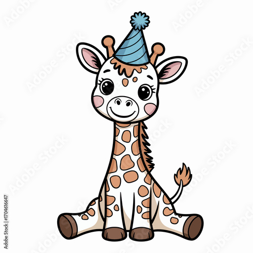 This vibrant giraffe illustration, complete with a festive party hat, brings a lively mood to life, perfect for highlighting celebrations and creating joyful moments in art.