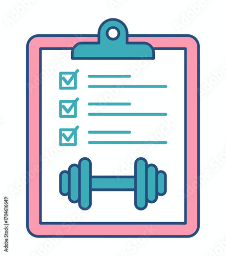 This illustration depicts a colorful checklist on a clipboard designed for fitness tracking, showcasing the importance of planning and committing to a healthier lifestyle.