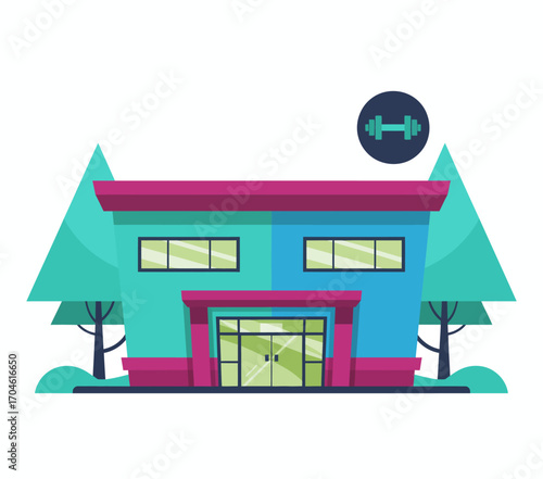 An artistic depiction of a fitness center with a striking color combination, emphasizing personal training and well-being in a modern lifestyle setting.