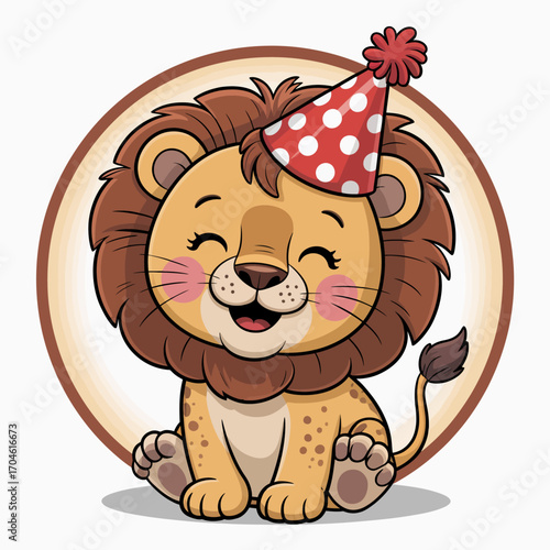 This happy lion radiates joy on its birthday while wearing a festive party hat, surrounded by a bright circle, symbolizing happiness and celebration.