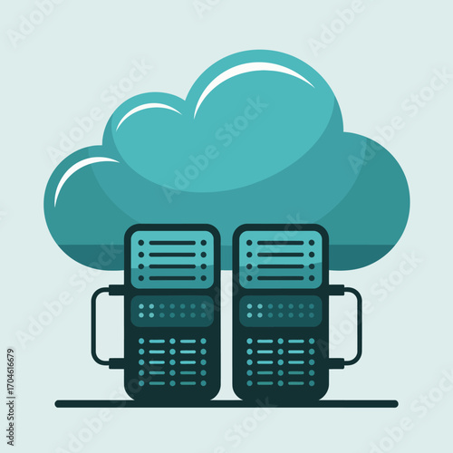 This image showcases two stylized servers beneath a large cloud, representing the synergy between physical infrastructure and cloud technology in data storage solutions.