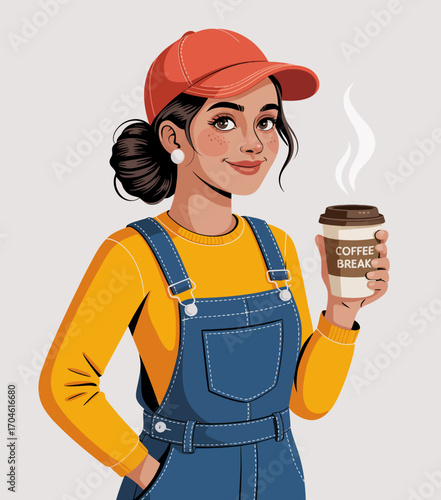 A charming worker enjoying a coffee break while embodying relaxation and delight, creating a moment of peace amidst the bustling work environment, showcasing simple joys.