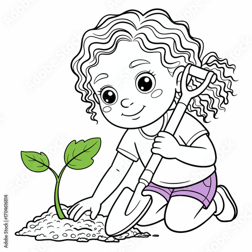 A smiling child is intimately engaged with planting a small green sprout in the garden using a shovel, illustrating the joy and responsibility of caring for plants.