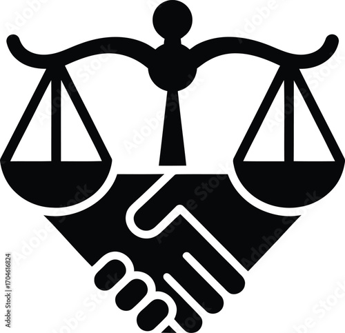 Symbol of justice and agreement with scales of justice over handshake
