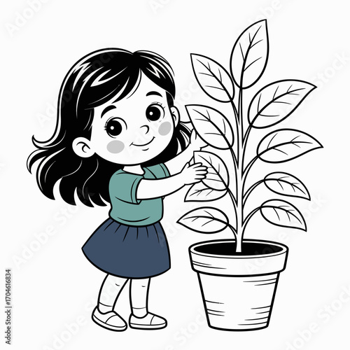 A young girl joyfully smiles while tending to a flourishing indoor plant, symbolizing her love for nature, responsibility, and the bond formed through nurturing living things.