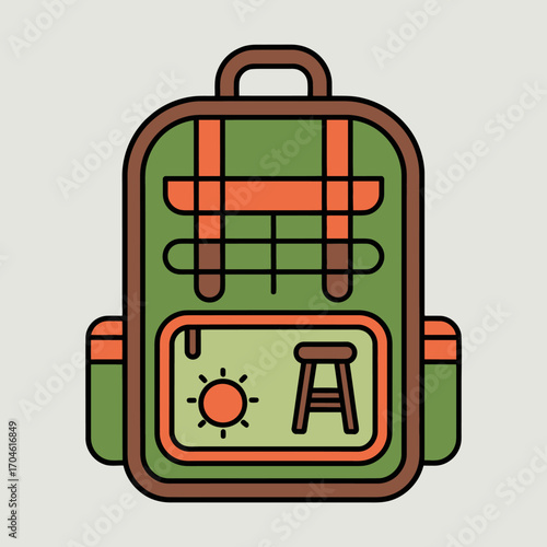This image features a vibrant green backpack designed for outdoor activities, highlighting a sun and a stool, perfect for adventurers and travelers seeking comfort.