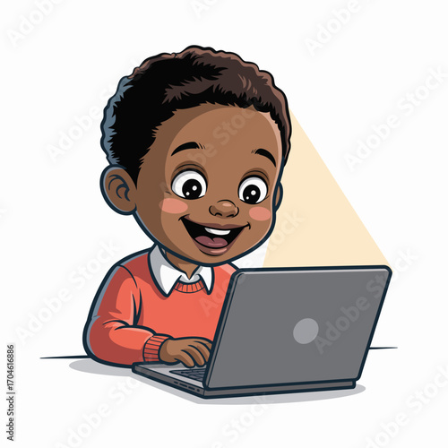 A joyful young boy with curly hair smiles widely while engaging with a laptop, showcasing delight in technology and learning in a cheerful environment.