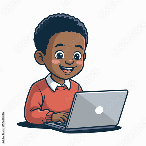 This vibrant image illustrates a happy boy focused on his laptop, encapsulating the joys of digital exploration and youthful curiosity in a colorful environment.