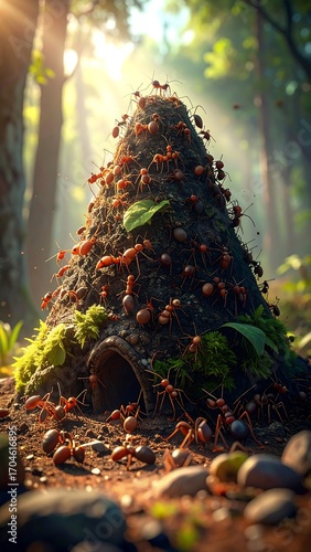 Ants building a nest in a forest