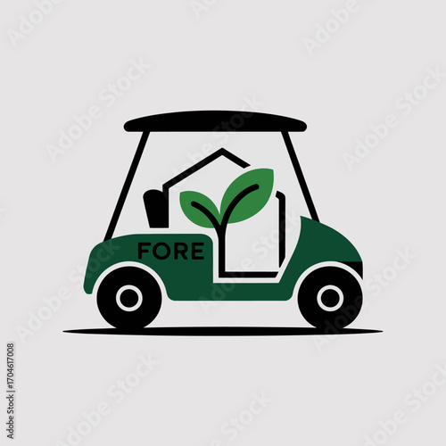 This decorative golf cart illustration with a 'FORE' symbol represents the golfing experience while incorporating a plant, emphasizing environmental awareness.