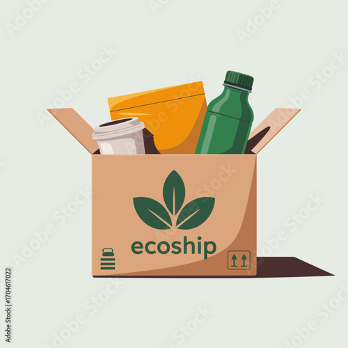 An artistic representation of an eco-friendly shipping box filled with products, displaying the 'ecoship' branding and emphasizing sustainable practices in packaging and delivery.
