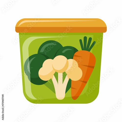 A vibrant green box filled with nutritious vegetables, including broccoli, cauliflower, and carrot, highlights healthy eating and the importance of nutrition in daily life.