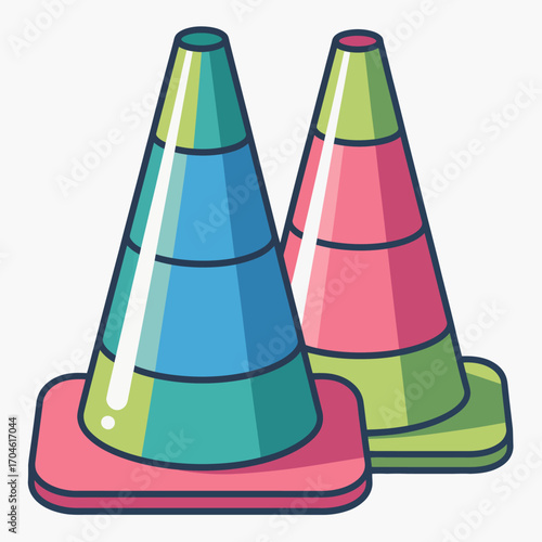 This image showcases two whimsical traffic cones with vibrant colors, highlighting a playful yet organized structure, essential for traffic safety while inspiring creativity.