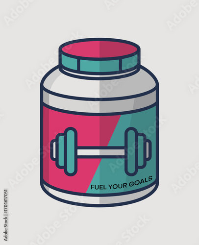 This vibrant sports supplement jar displays a barbells graphic. It emphasizes motivation and fitness, perfect for those looking to enhance their workout experience.