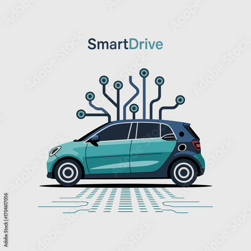 This illustration depicts a smart car named SmartDrive, integrated with technology elements, symbolizing innovation in transportation and the evolution of modern mobility solutions.