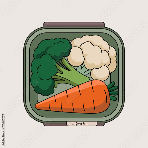 This illustration features fresh vegetables such as broccoli, cauliflower, and a carrot in a green storage box, promoting healthy eating and sustainability.