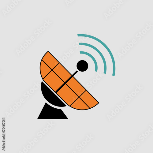 A stylish satellite dish with an orange grid pattern emits signal waves, representing modern communication technology along with an abstract design aesthetic that evokes innovation.