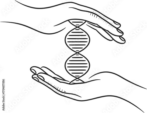 Hands cradling and protecting a dna double helix illustration
