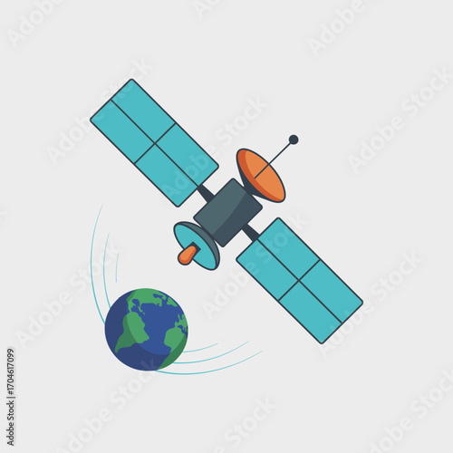 The image presents a satellite in motion around a vibrant Earth, showcasing its antennas and solar panels, symbolizing the importance of connectivity in today's world.