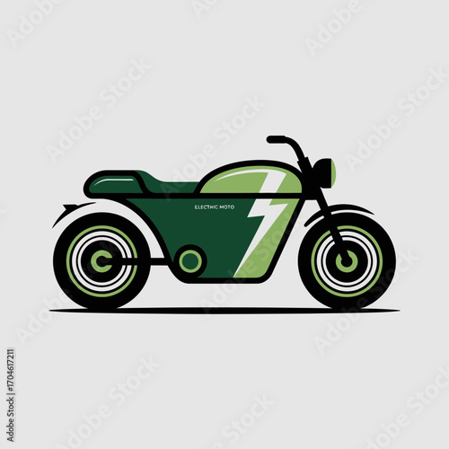 This stylish electric motorcycle features a dynamic lightning design and a robust green frame, representing a blend of modern aesthetics and sustainable energy.