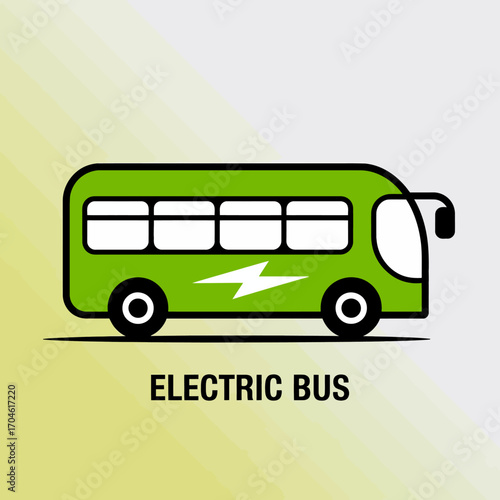 A minimalist representation of a green electric bus adorned with a lightning bolt logo, designed to symbolize sustainable travel and modern public transport solutions.