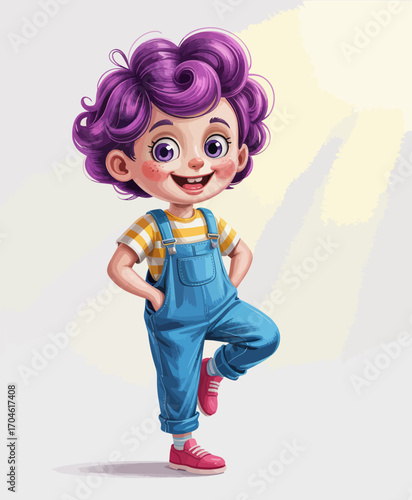 A playful child with curly purple hair strikes a confident pose, giving off a whimsical feel while standing against a softly glowing background that enhances the scene's charm.