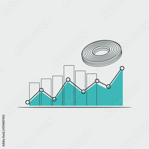 This illustration showcases a growth chart with abstract elements and a rising line, emphasizing analytics and trends within the business context, conveying success and development.