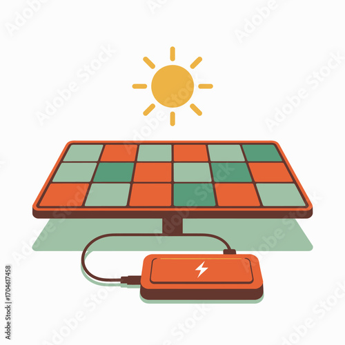 A stylized representation of a solar panel connected to a battery, illustrating the impact of solar energy on renewable solutions for energy needs today.