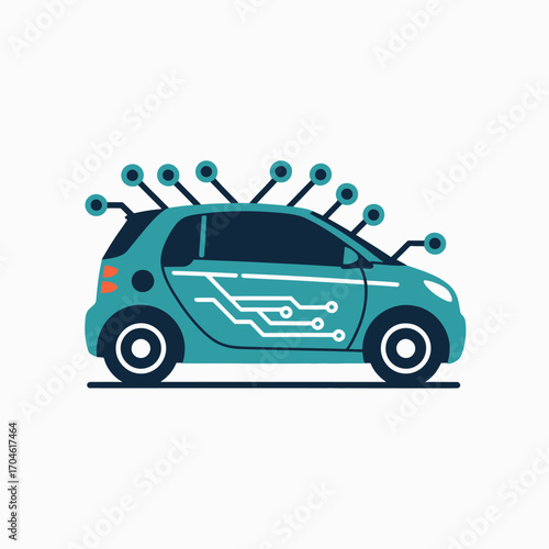 This image features a futuristic electric car adorned with digital circuitry patterns, showcasing a sleek design that represents innovation and modern technology in automotive engineering.
