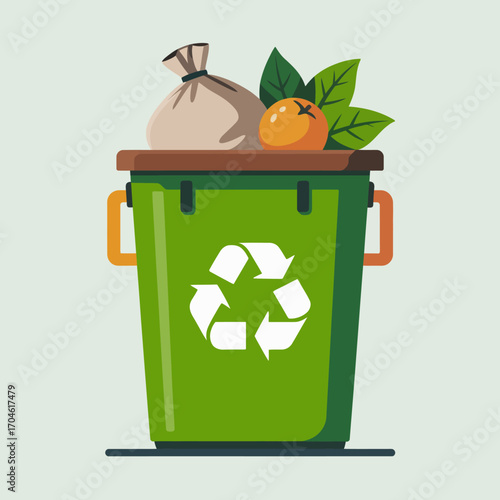 This green recycle bin holds an orange and a fabric bag, visually advocating for recycling and waste awareness in a clean and organized space.
