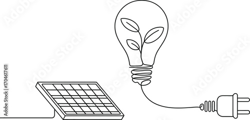 Continuous line drawing of a solar panel powering a light bulb with leaves inside