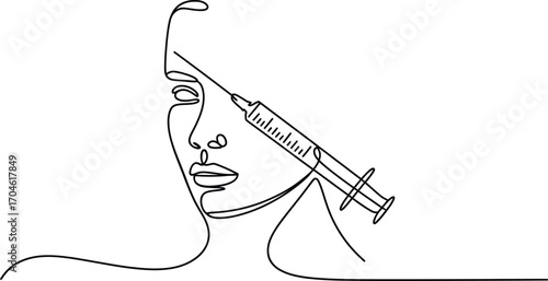 Minimalist continuous line drawing of a woman s face with a syringe