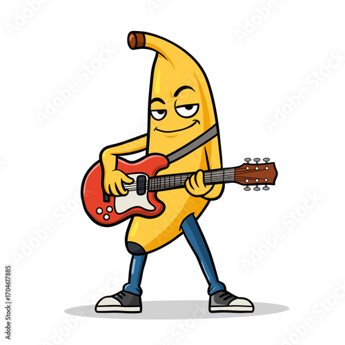 Funny cartoon banana character wearing jeans and sneakers playing a red electric guitar.
