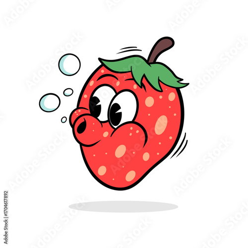 Adorable strawberry fruit character with big expressive eyes and playful face expression. Vector cartoon mascot illustration